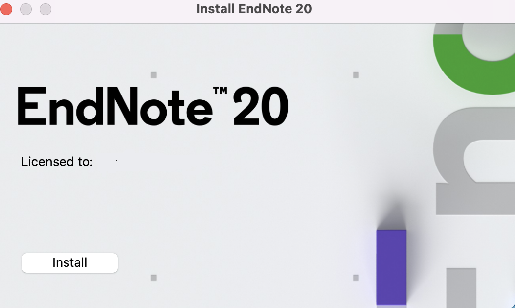 An installation screen that reads "EndNote 20. Licensed to:" At the bottom is a button labeled "Install".