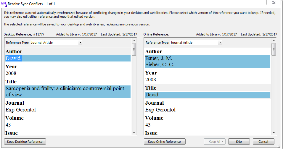 EndNote: Resolve Sync Conflicts