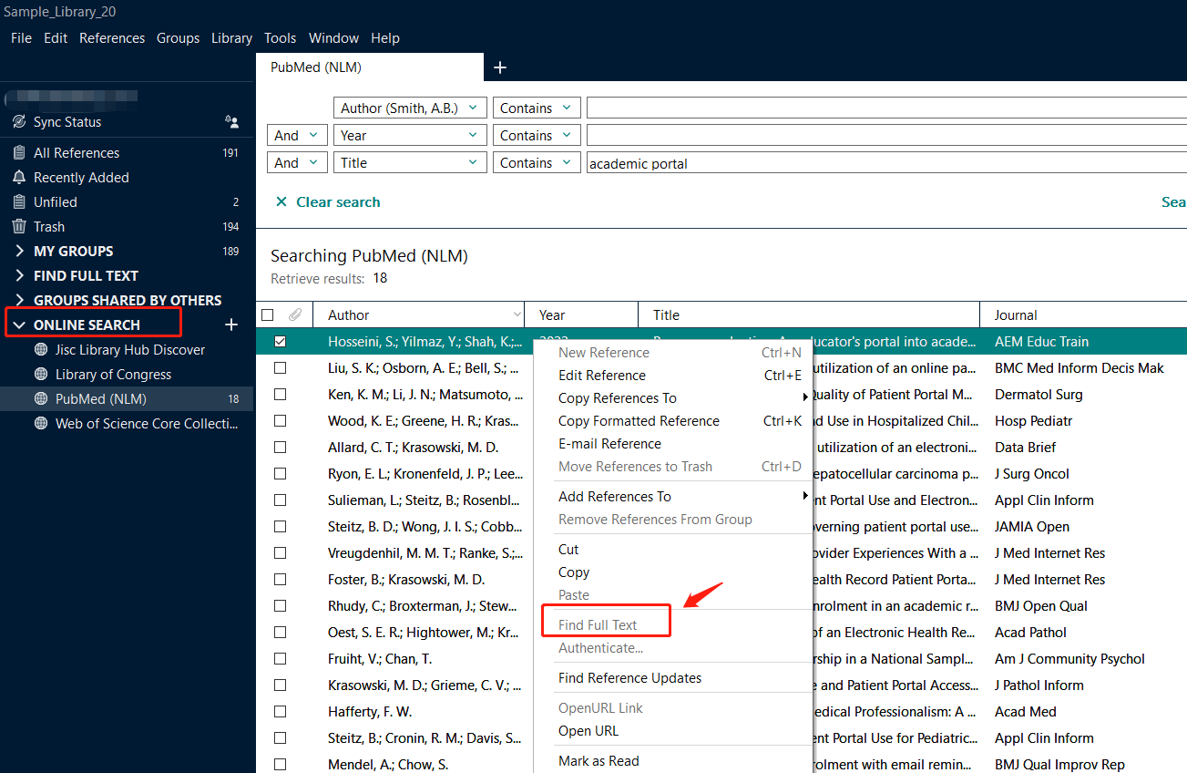EndNote：Online Search后选中参考文献，“Find full-text”选项却是灰色的