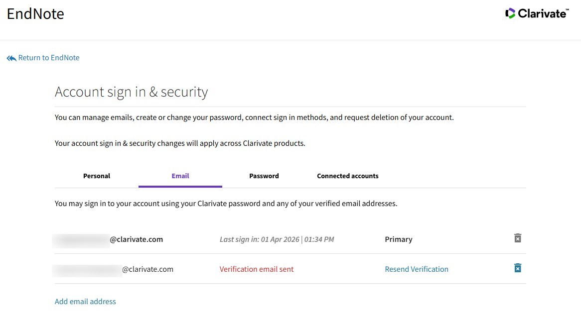 EndNote online: Changing Password or Email