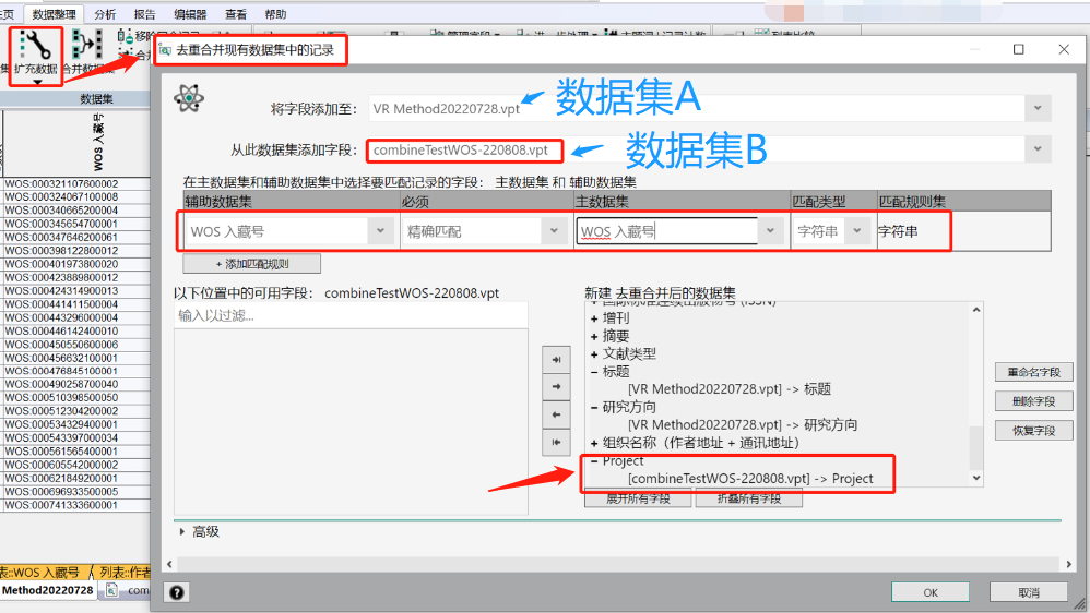 Derwent Data Analyzer: 如何将两个不同数据集的多个字段合并到一个 